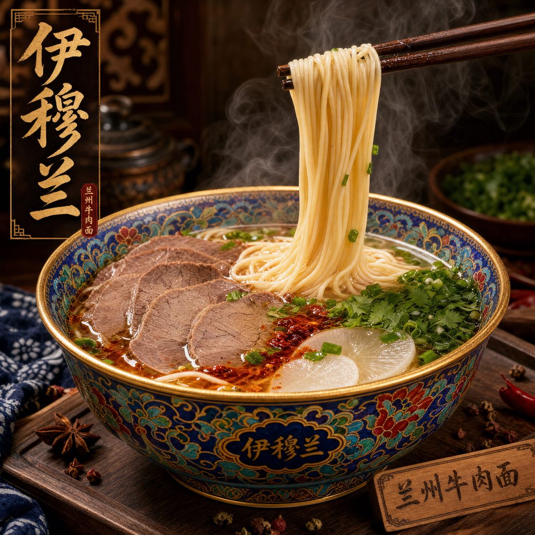 Hand-pulled Lanzhou beef noodles lifted with chopsticks